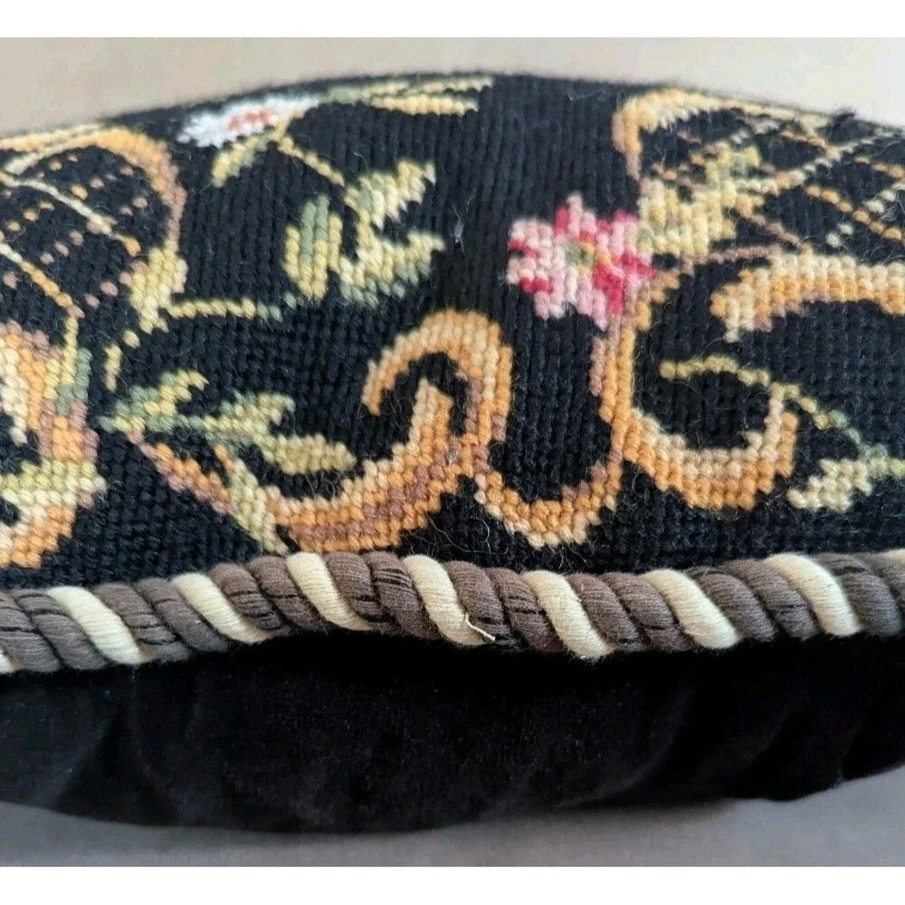 Vintage Needlepoint Pillow Down Fill Wool Embroidery Cottage Floral Scene 16x22